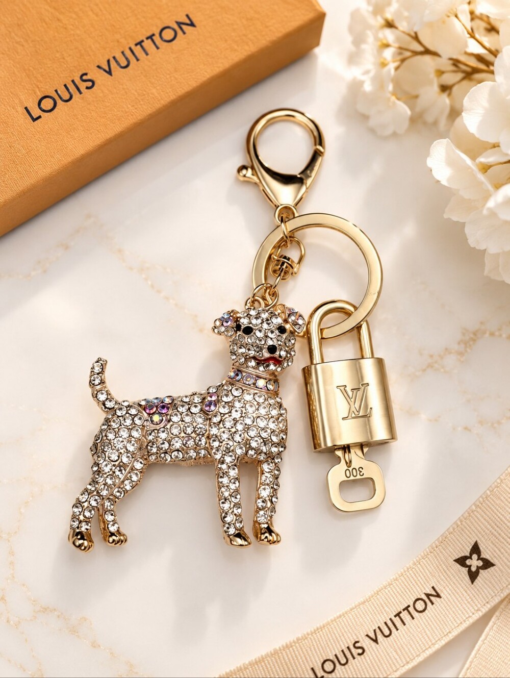 Authentic Louis Vuitton Lock & Key with Unbranded Dog Charm, Keychain